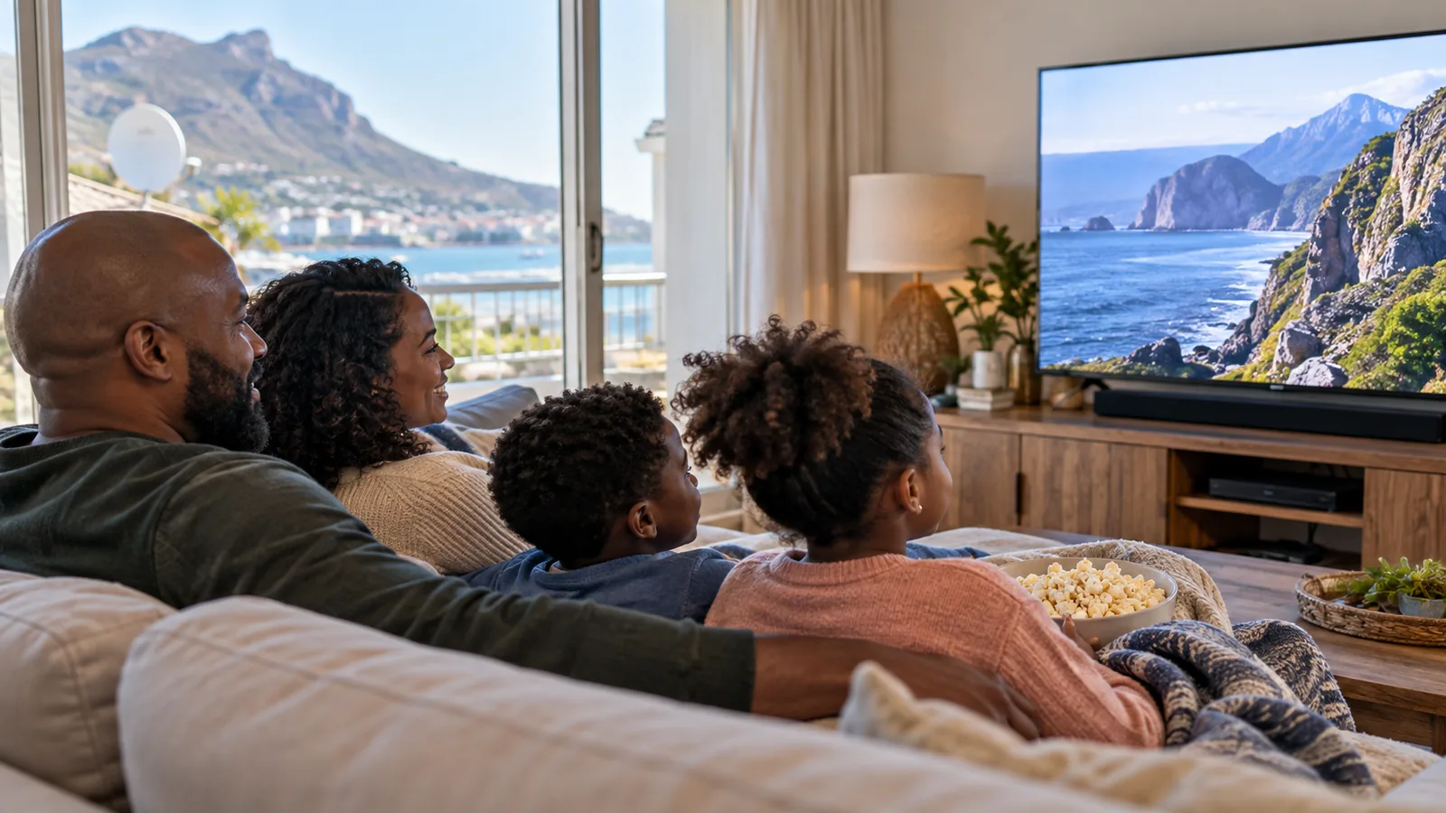 Family watching a show on TV in a seaside lounge in Simon's Town