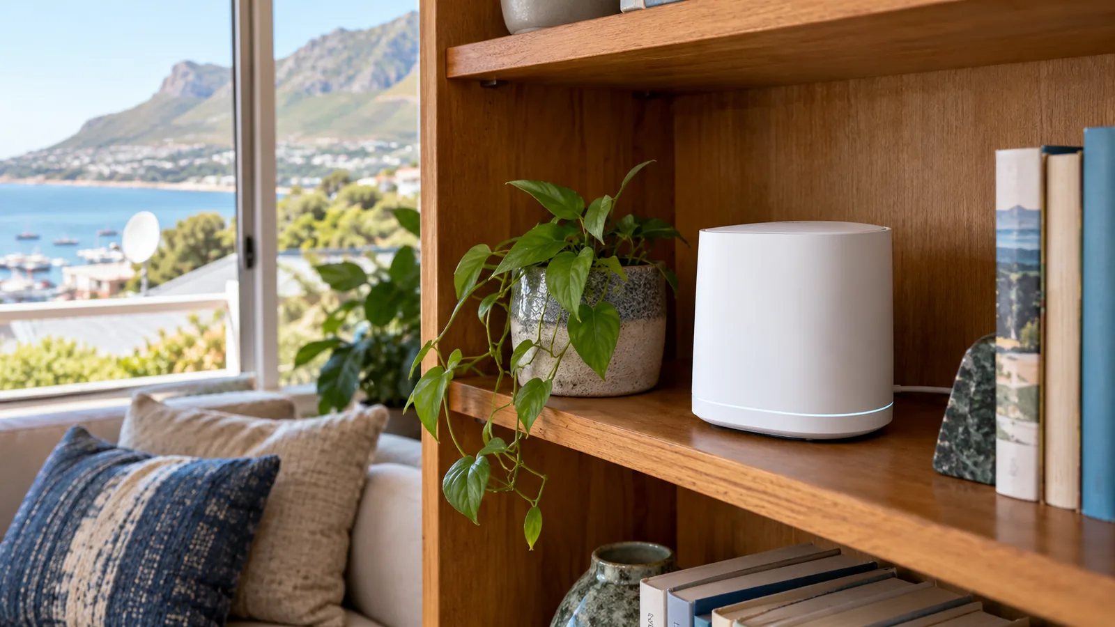 Mesh WiFi unit on a bookshelf boosting the signal in a Simon's Town home