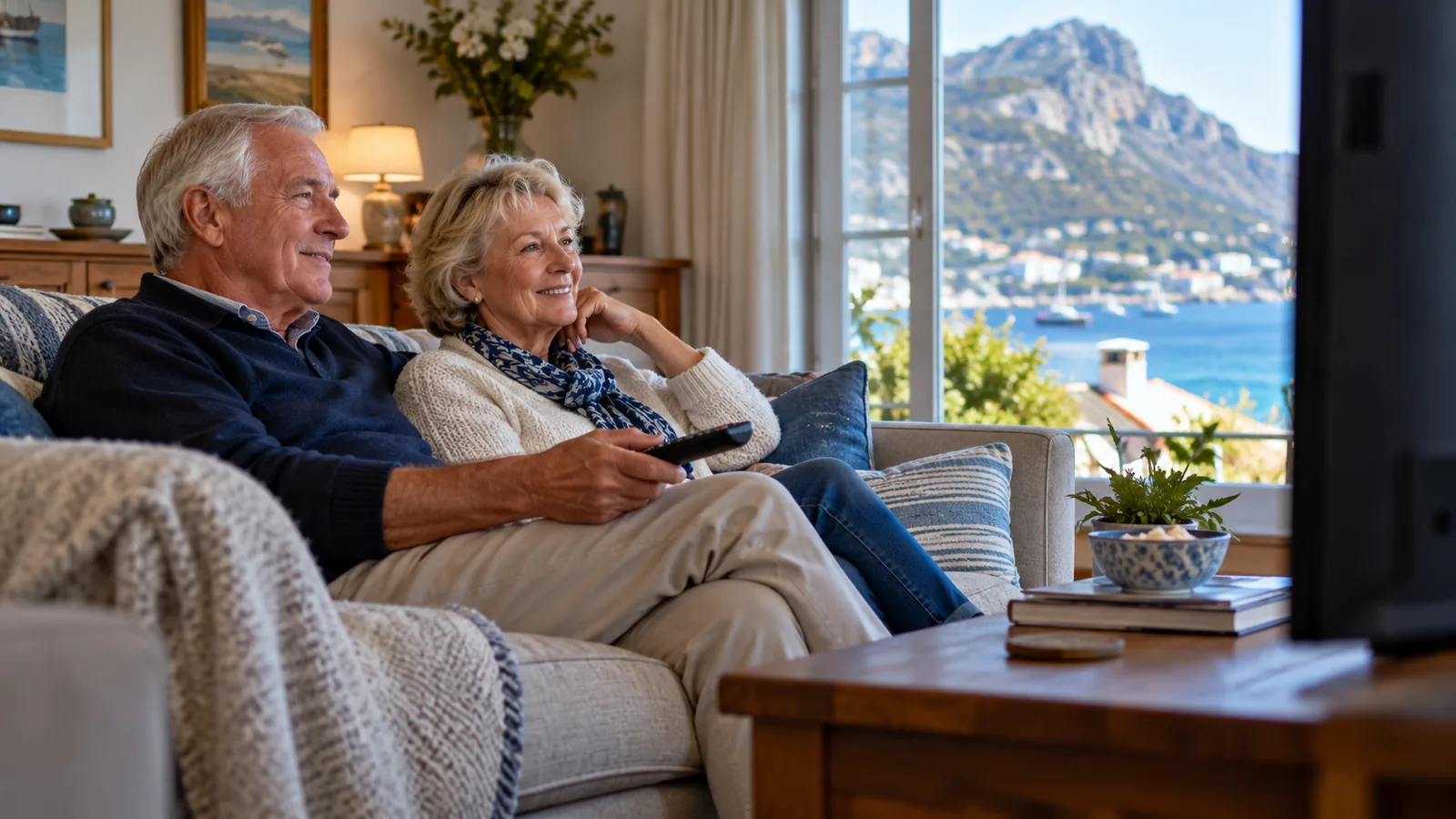 Retired couple enjoying DStv Access channels in a cosy Simon's Town lounge