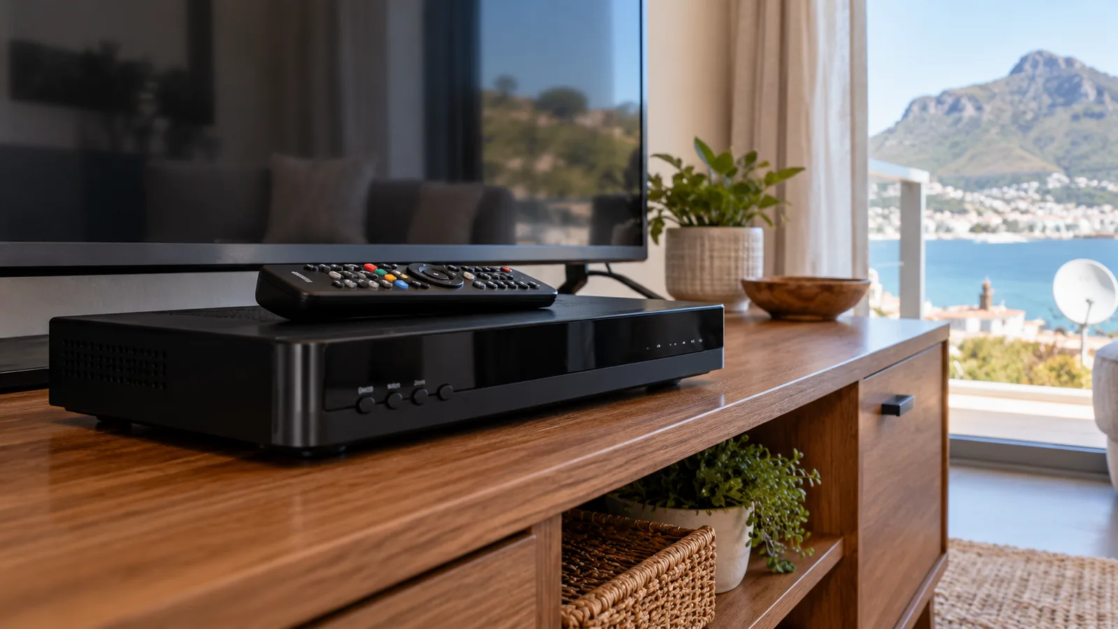 Black HD decoder and remote on a small TV unit in Simon's Town