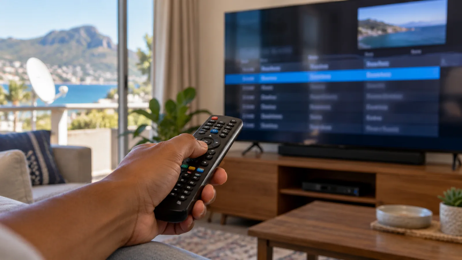 Hand pointing a remote at a TV guide of DStv Access channels in Simon's Town