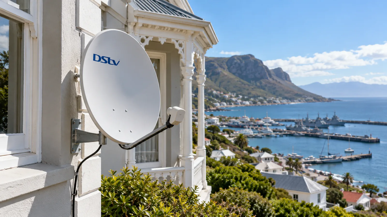 White DStv dish on a Victorian building wall above the Simon's Town harbour