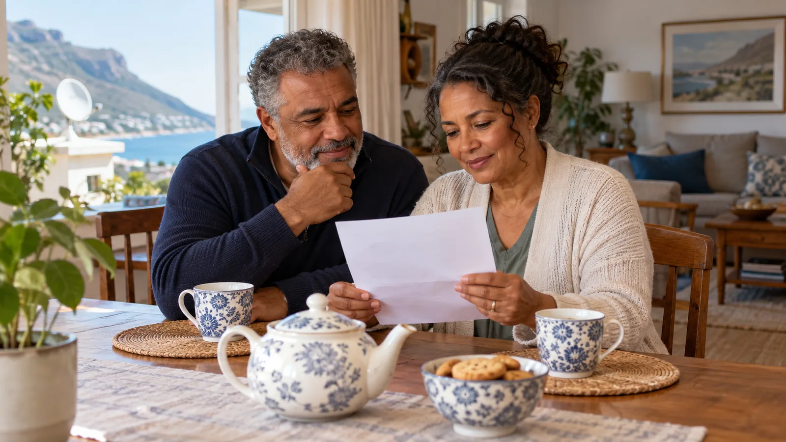 Couple reading a DStv letter over tea at a Simon's Town kitchen table