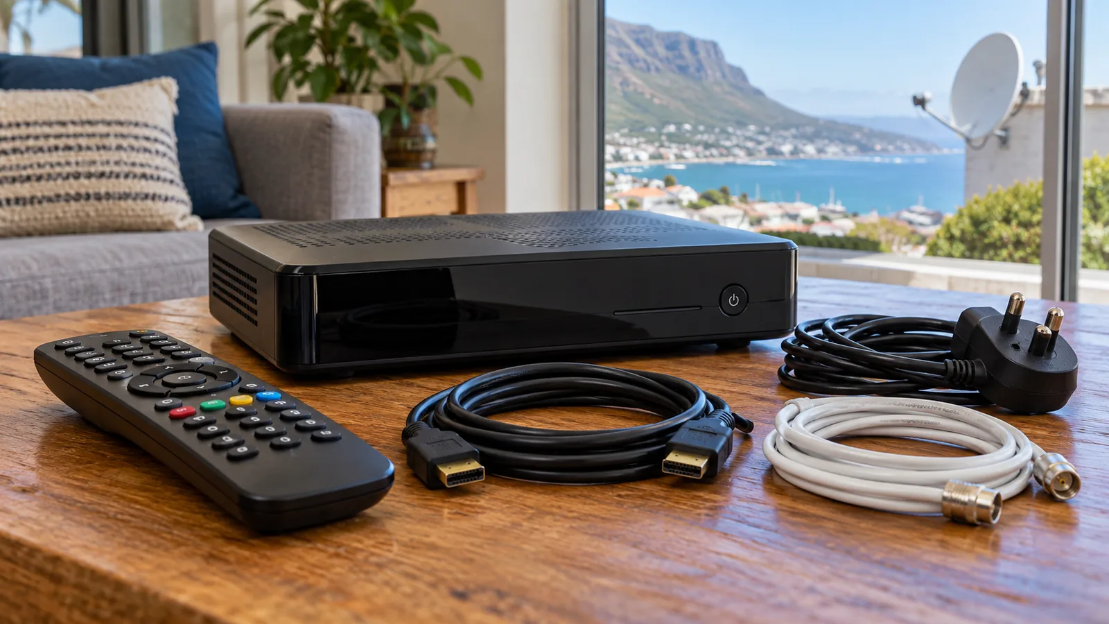 DStv Decoder Price at Game: Simon's Town Smart Buyer Guide 2 Unboxed DStv decoder with remote, HDMI and power cables on a Simon's Town table