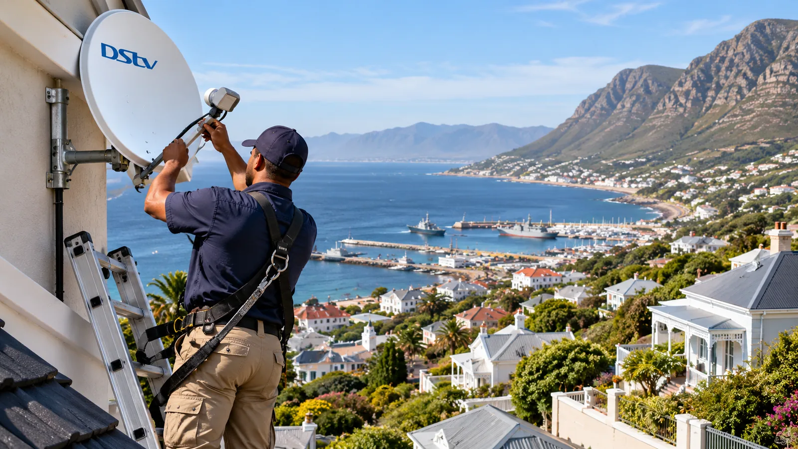 DStv Decoder Price at Game: Simon's Town Smart Buyer Guide 3 Technician on a secured ladder fitting a white DStv dish on a steep Simon's Town house