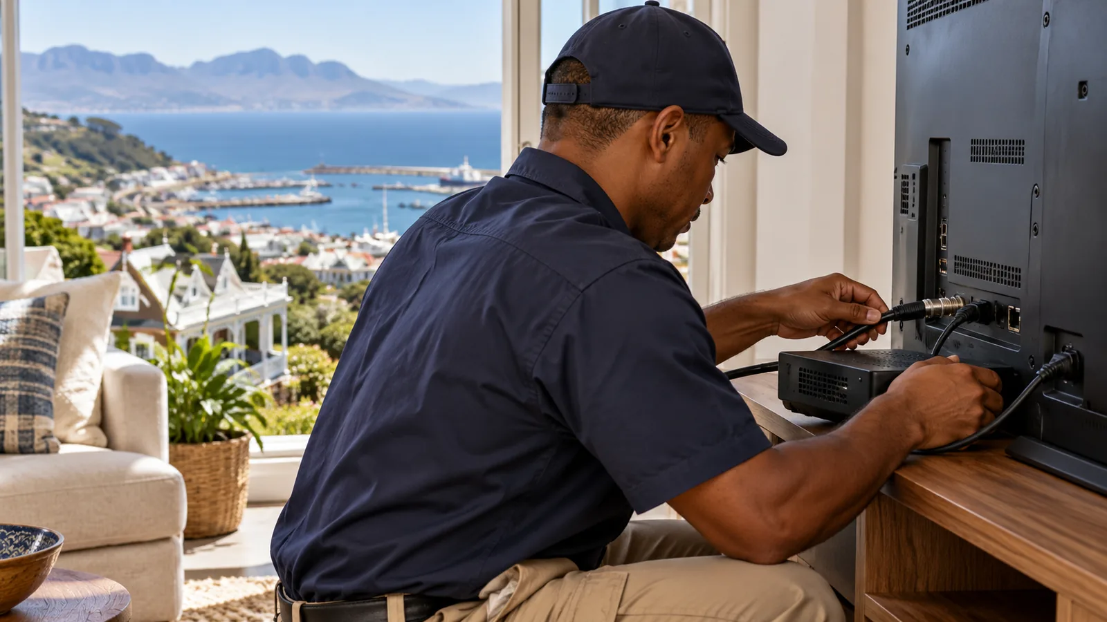 DStv Decoder Price at Game: Simon's Town Smart Buyer Guide 4 Technician connecting a new decoder behind a TV in a Simon's Town lounge