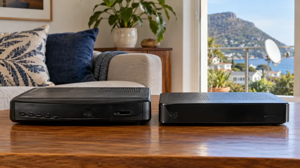 Old and new decoders side by side before a DStv decoder upgrade in Simon's Town