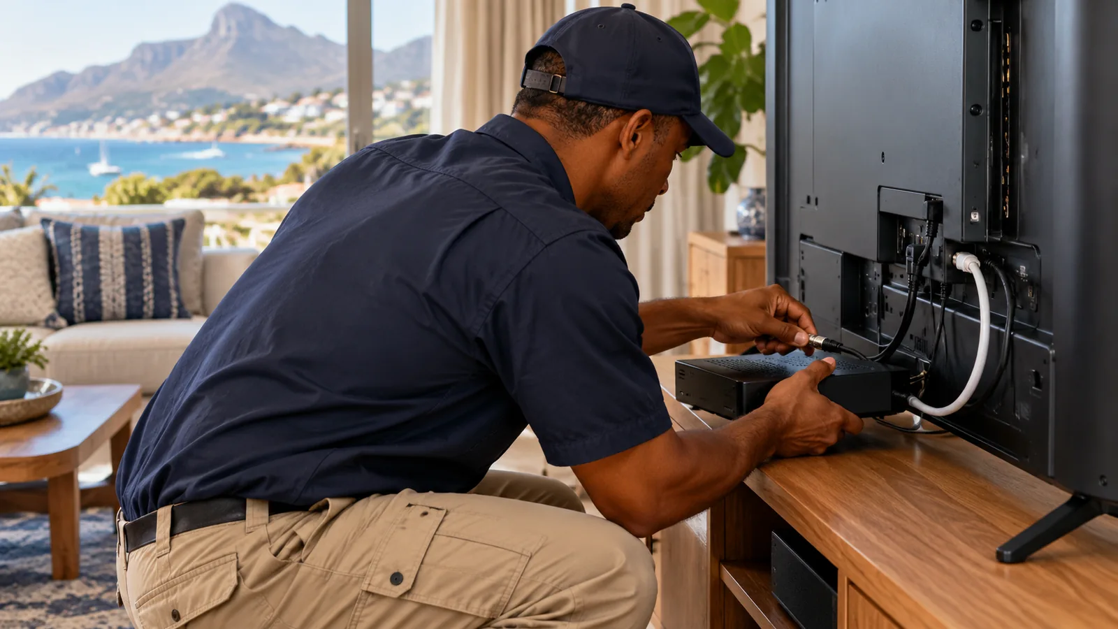 Technician connecting a new decoder behind a TV in a Simon's Town seaside lounge
