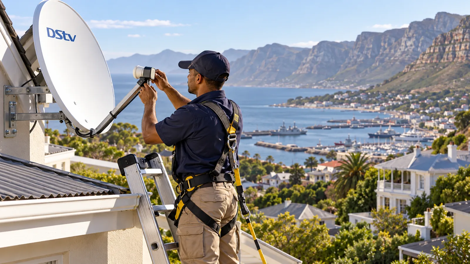 Technician on a secured ladder fitting a Smart LNB on a Simon's Town hillside house