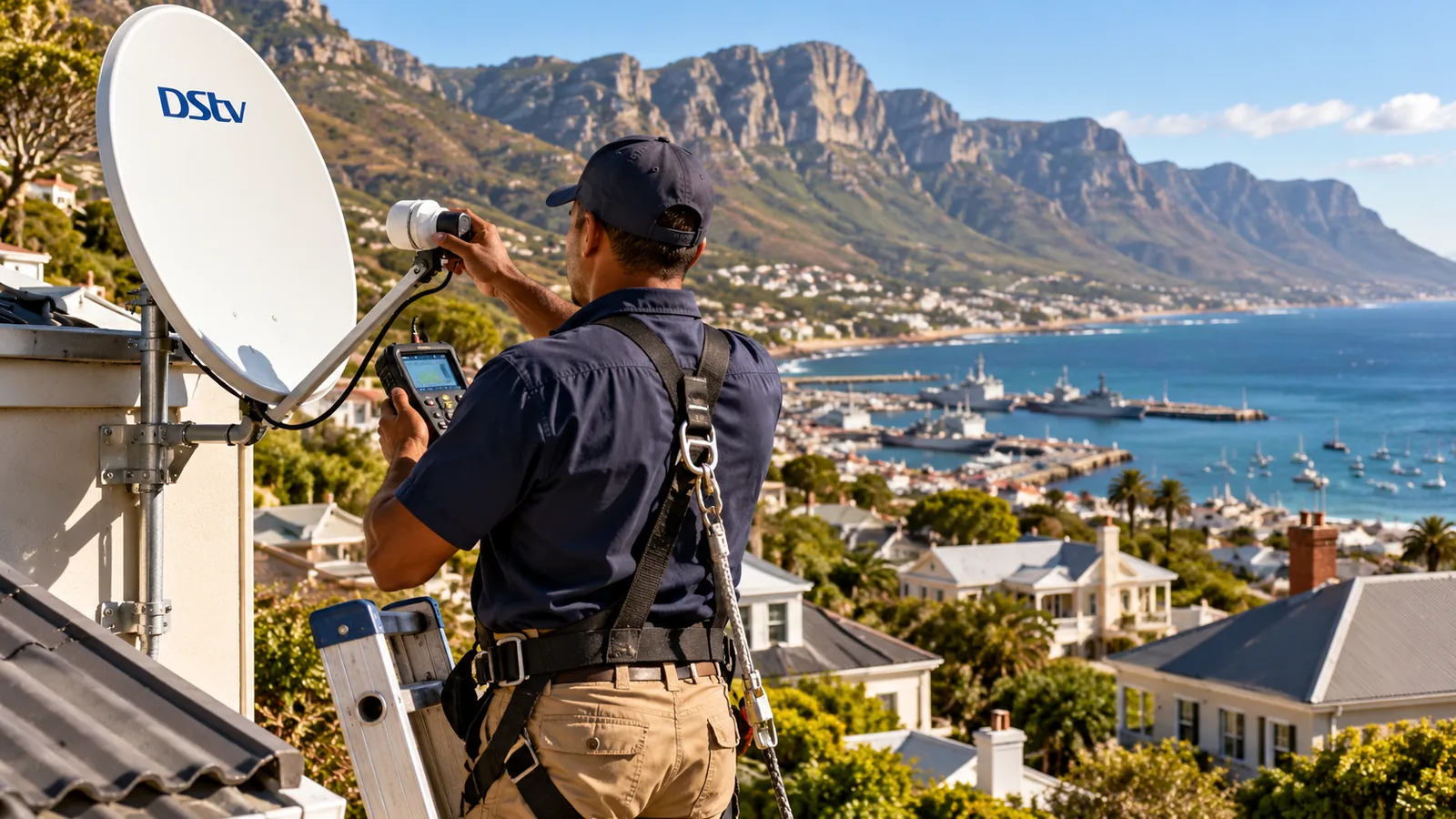 Technician holding a satellite signal meter beside a DStv dish in Simon's Town