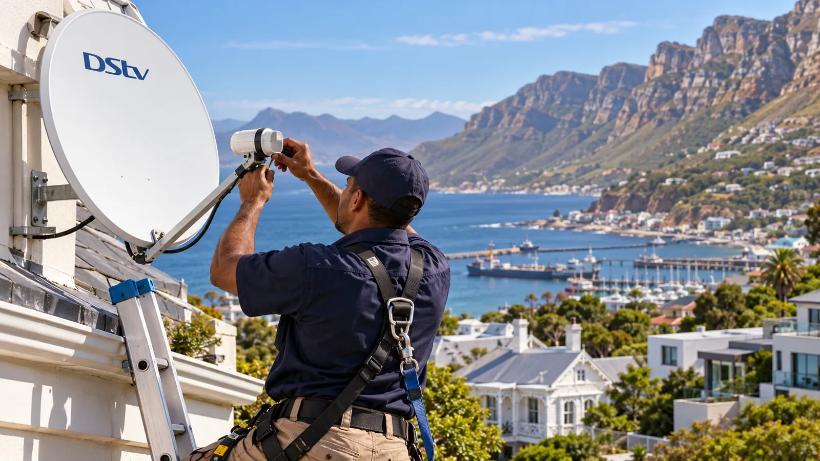 DStv LNB Price in Simon's Town: Honest 2026 Guide 2 Technician on a secured ladder replacing an LNB on a white dish in Simon's Town