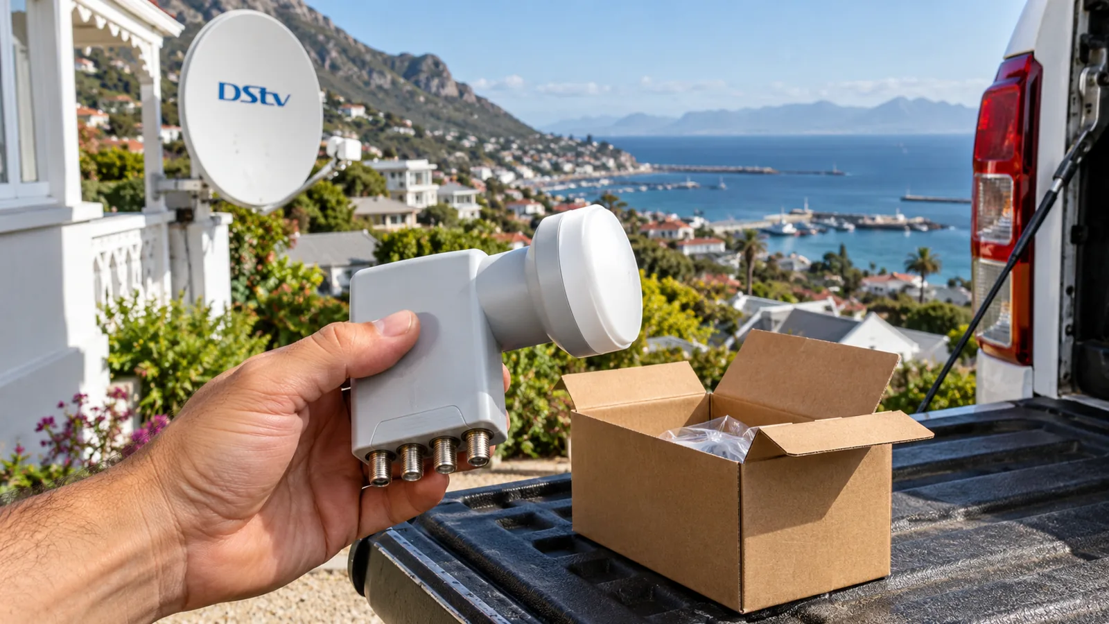 DStv LNB Price in Simon's Town: Honest 2026 Guide 3 New LNB held in a hand above its box on a bakkie tailgate in Simon's Town