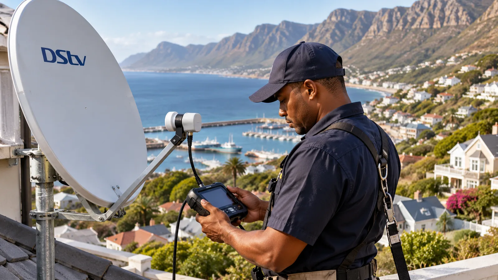 DStv LNB Price in Simon's Town: Honest 2026 Guide 4 Technician checking a satellite signal meter beside a DStv dish in Simon's Town above False Bay