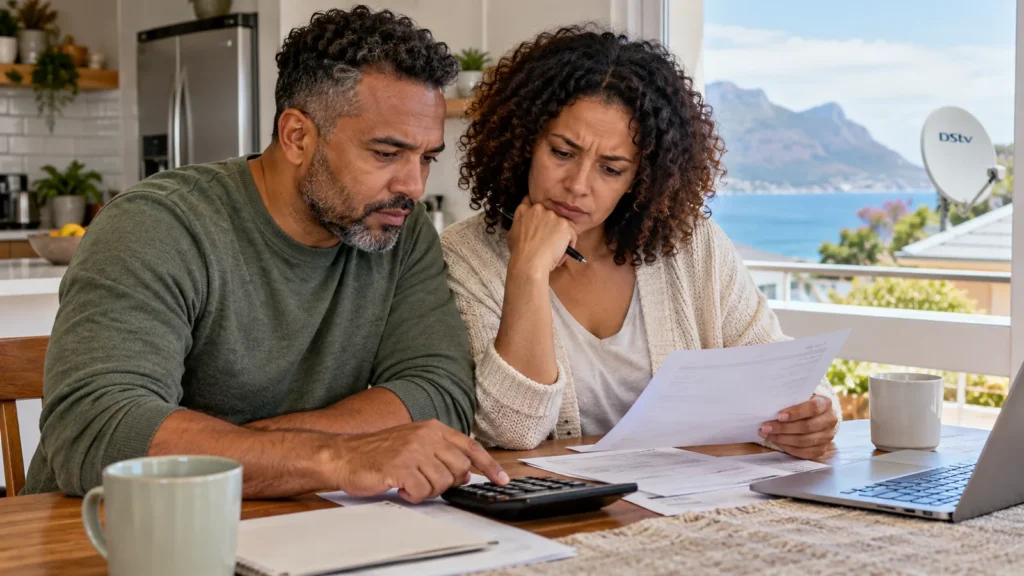 Couple checking their budget after the DStv price increase 2026 in Simon's Town
