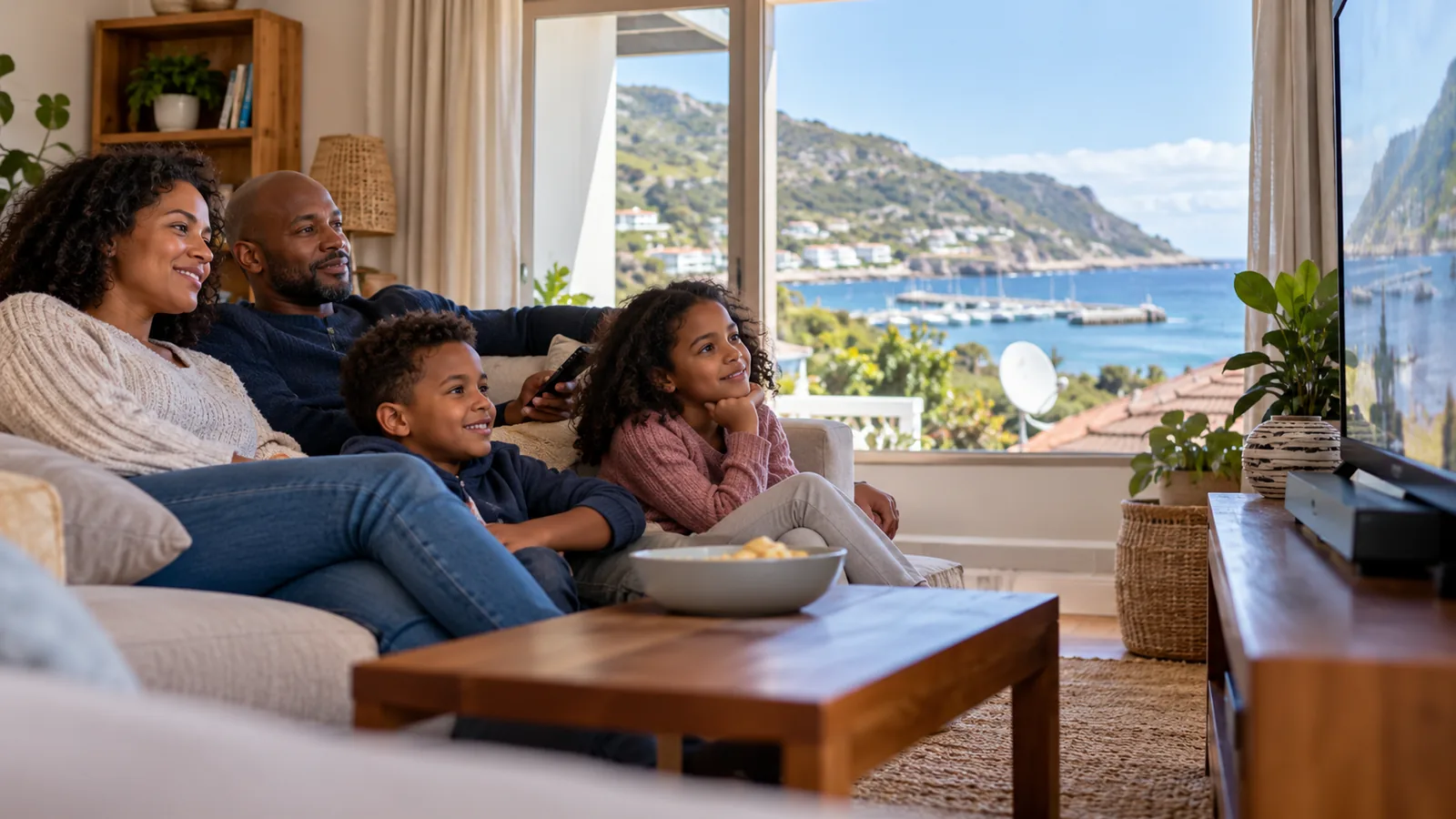 Family watching TV together in a seaside lounge in Simon's Town