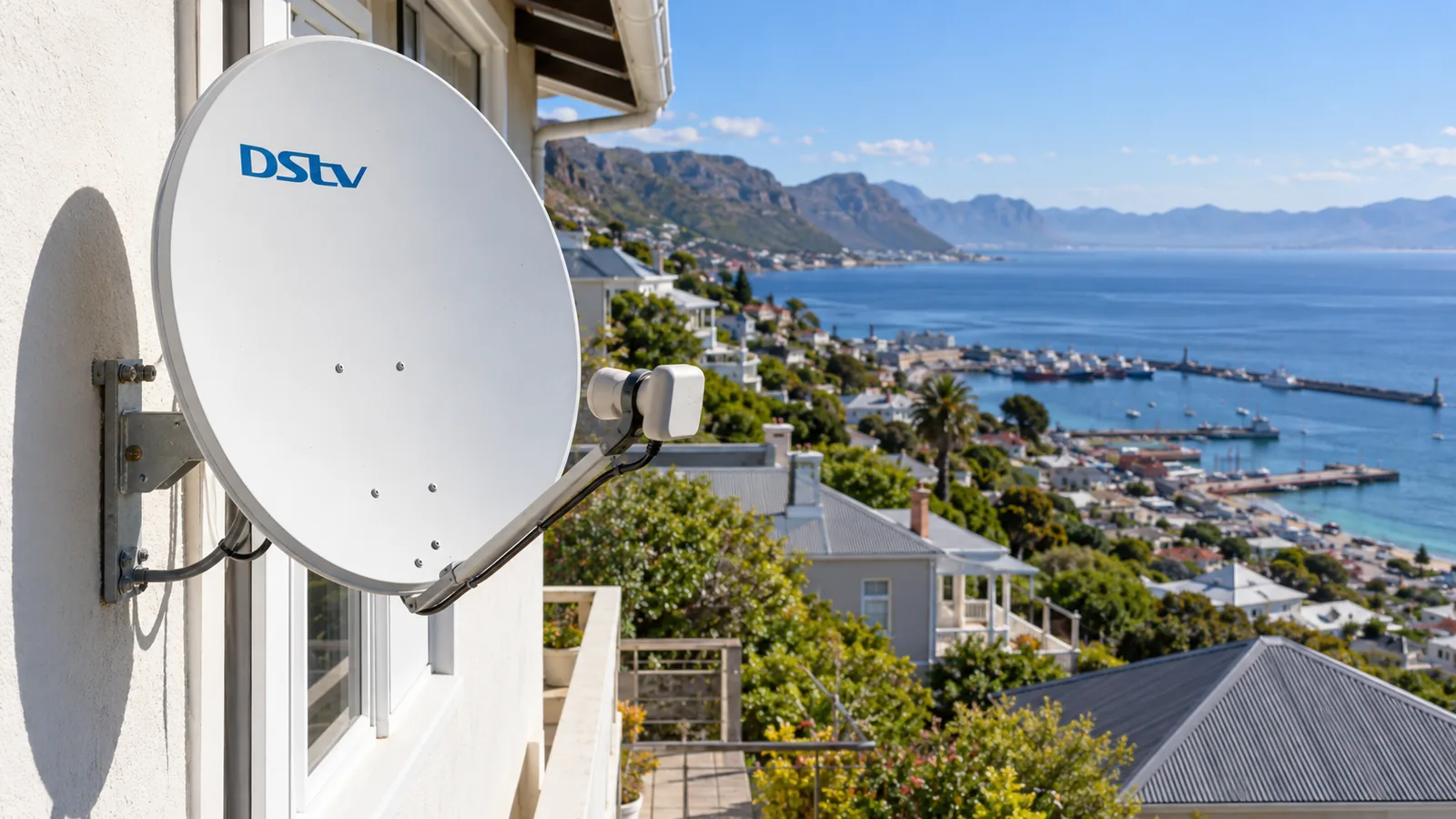 White DStv dish on a steep Simon's Town hillside house above False Bay