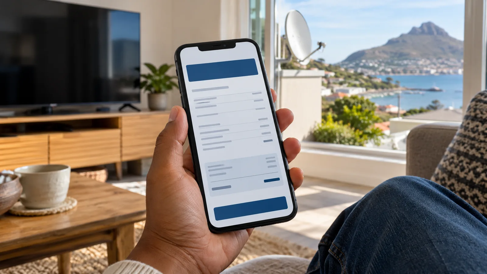 Phone in a hand showing a DStv billing screen in a Simon's Town home