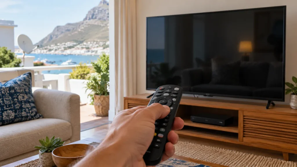 Hand pointing a remote at a TV in a Simon's Town lounge, DStv remote not working