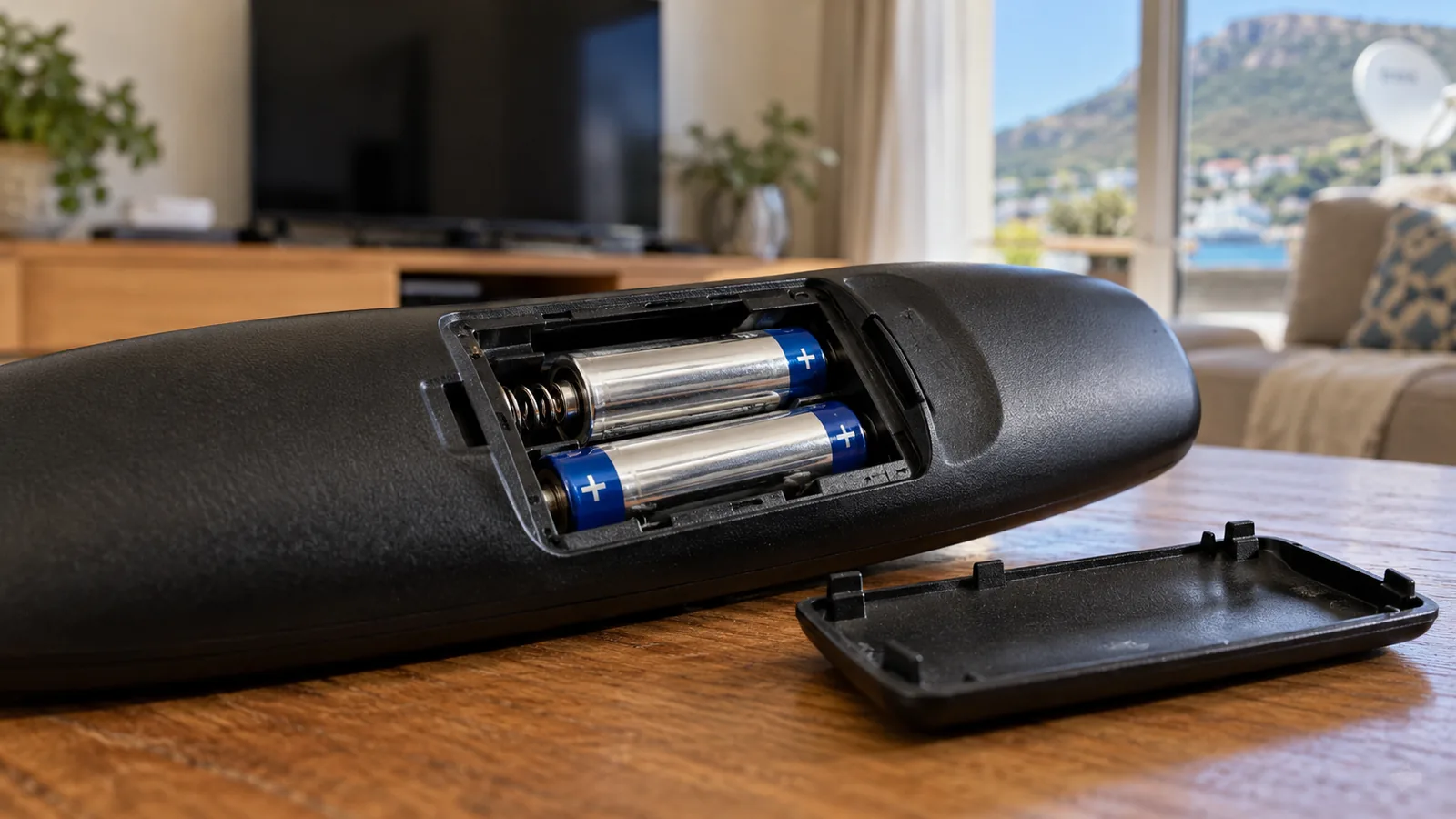 Open remote battery compartment with two batteries in a Simon's Town home