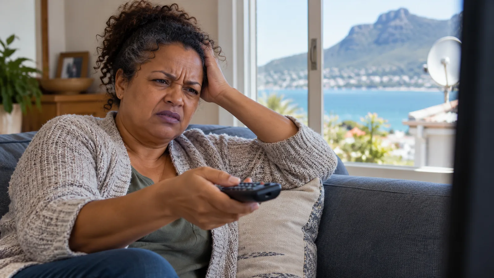 Homeowner on a Simon's Town couch pressing buttons, DStv remote not working