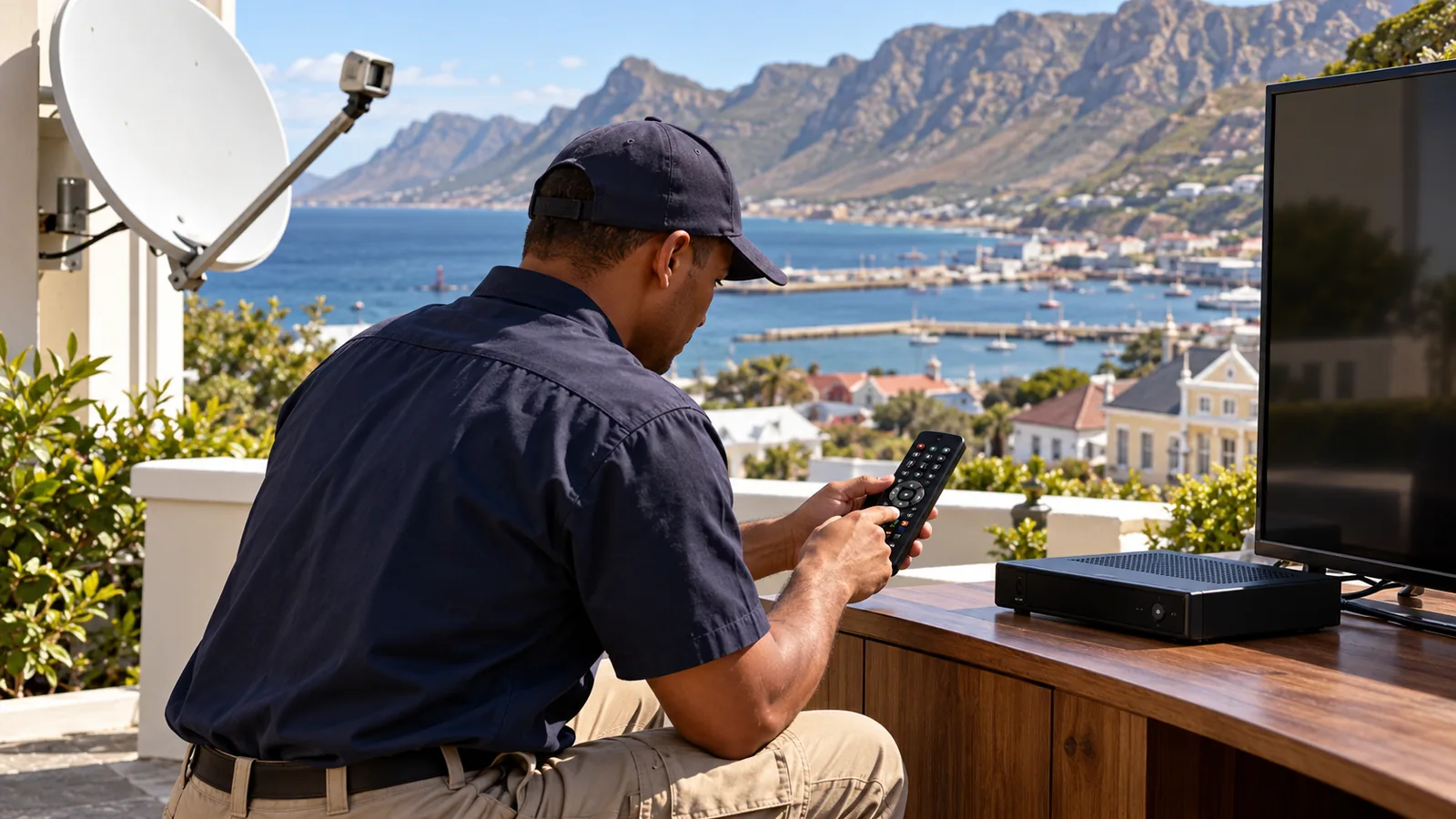 Technician testing a remote beside a decoder in a Simon's Town home