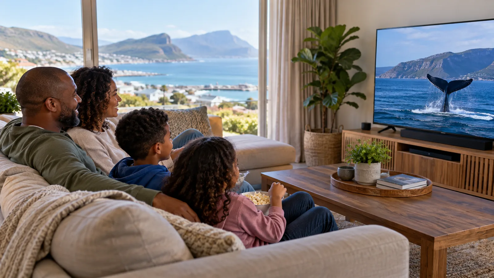 DStv Streama Price in Simon's Town: Easy Buyer Guide 3 Family watching a smart TV in a Simon's Town lounge with False Bay through the window