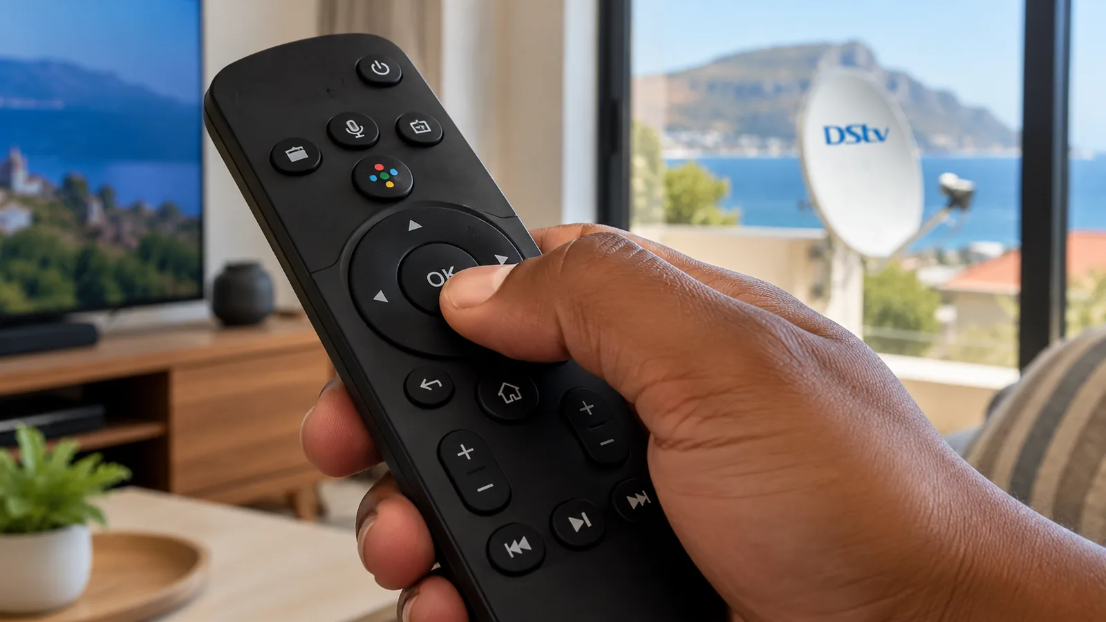 DStv Streama Price in Simon's Town: Easy Buyer Guide 4 Close-up of a hand holding a streaming remote, weighing the DStv Streama price in Simon's Town