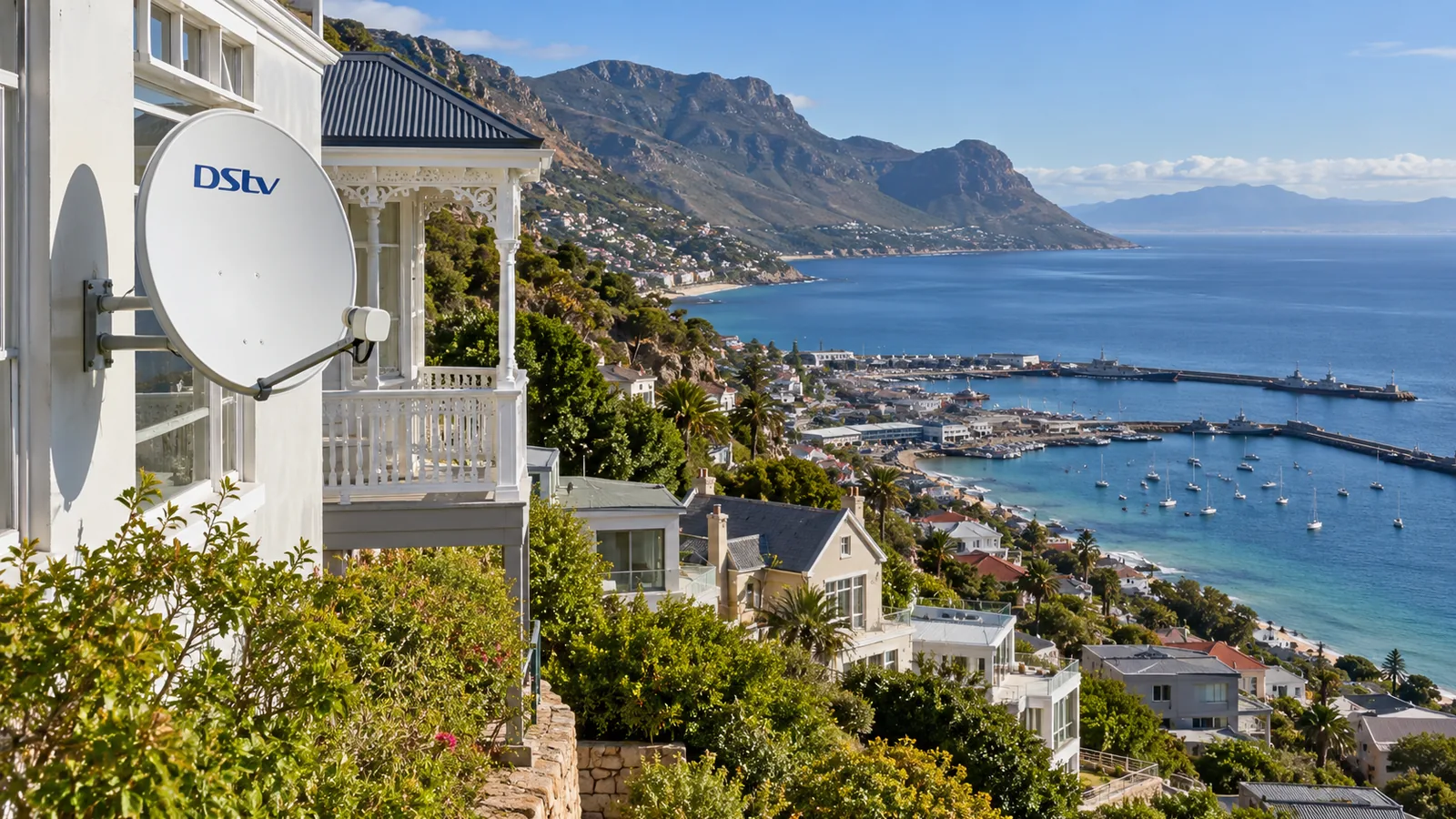 DStv Streama Price in Simon's Town: Easy Buyer Guide 5 White DStv dish on a steep hillside house wall in Simon's Town above the sea