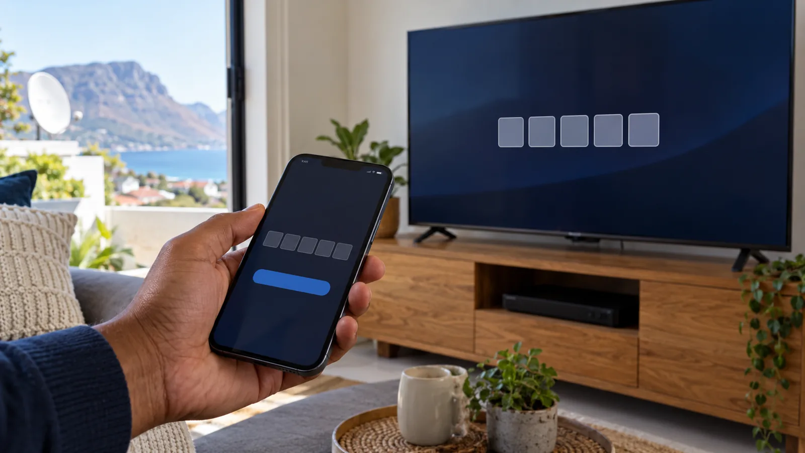 Hand holding a phone near a TV code screen in a Simon's Town lounge