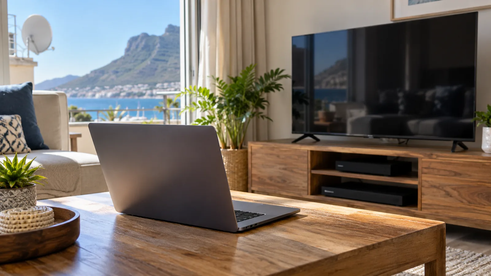 Laptop on a table with a TV behind it in a Simon's Town home