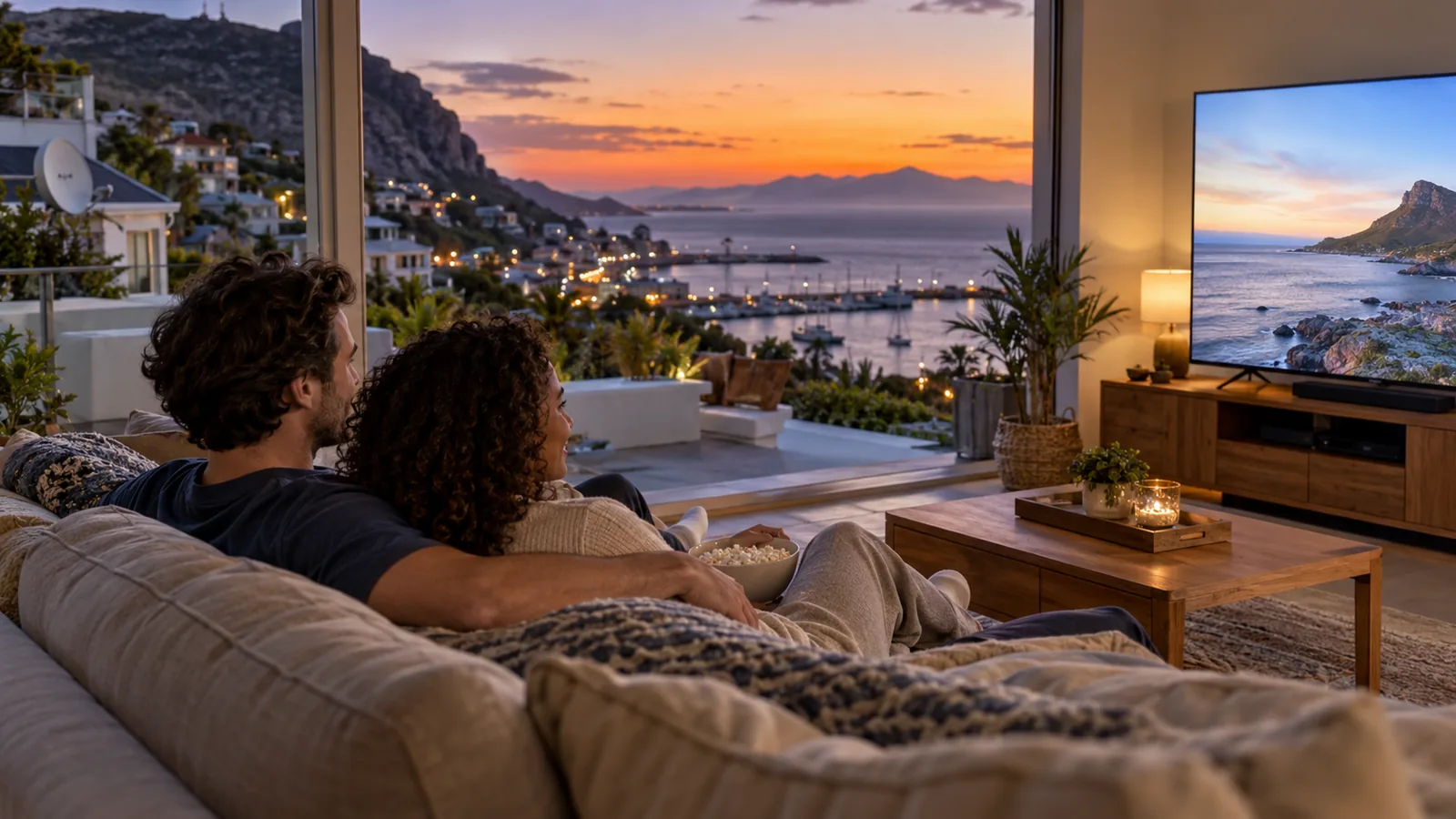 Couple relaxing after learning how to link DStv Stream to TV in Simon's Town