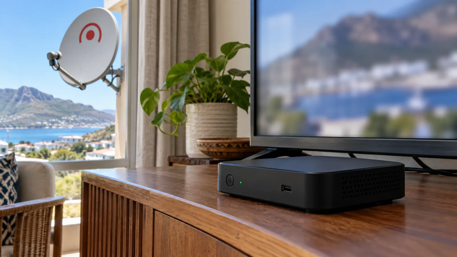 Black OpenView HD decoder on a cabinet in Simon's Town with a blurred TV screen