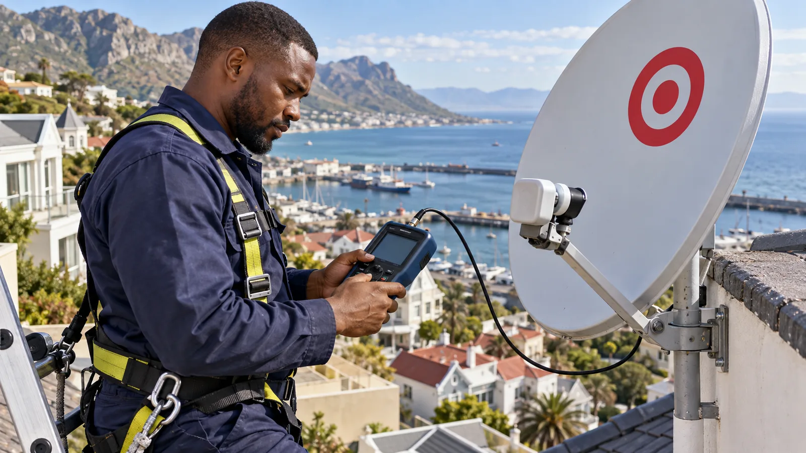 Technician holding a satellite signal meter beside an OpenView dish in Simon's Town