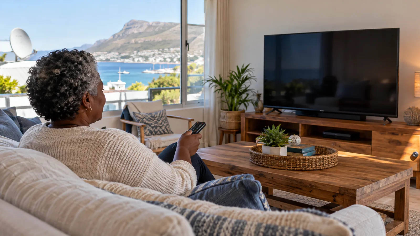 Homeowner watching TV in a seaside lounge in Simon's Town after a repair