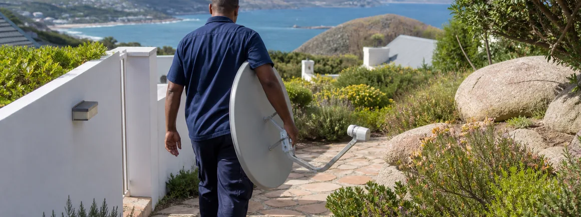 A satellite dish leaning off true after a north-wester, with a torn bracket fixing