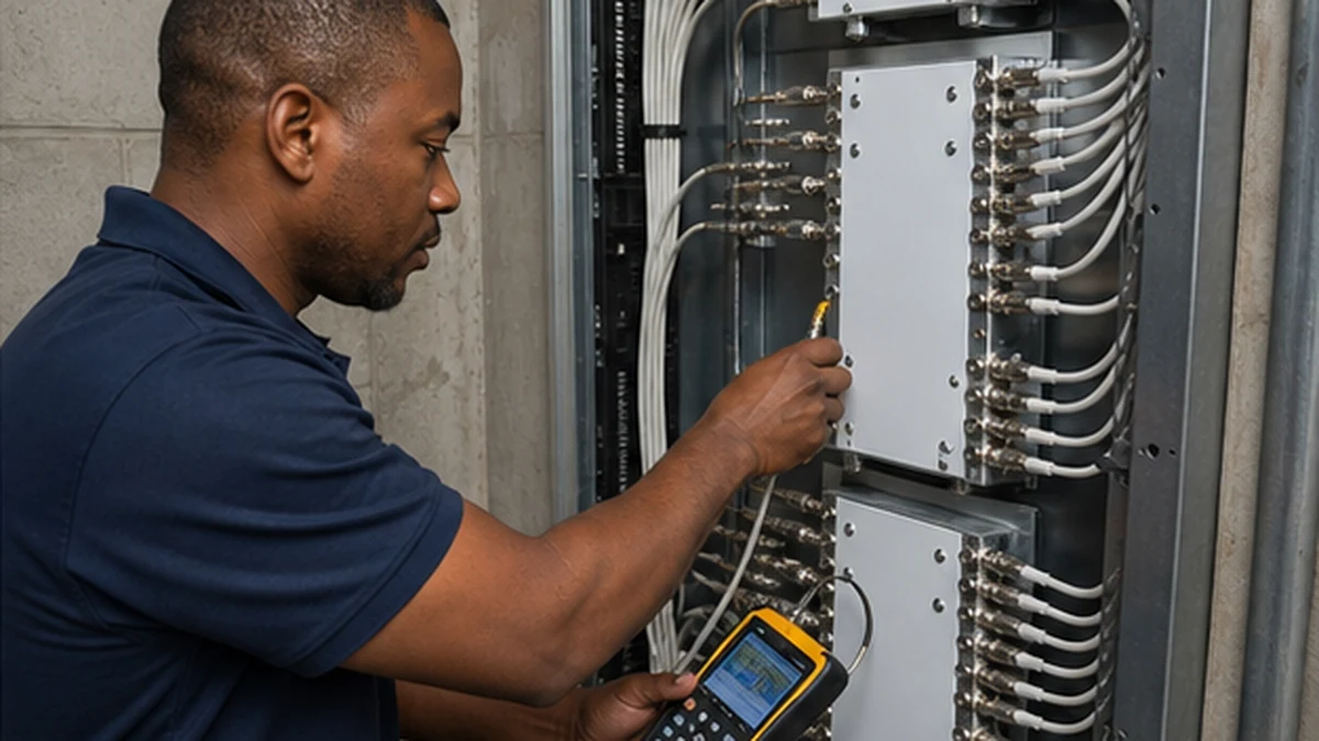 Technician testing a communal DStv distribution system in Simon's Town