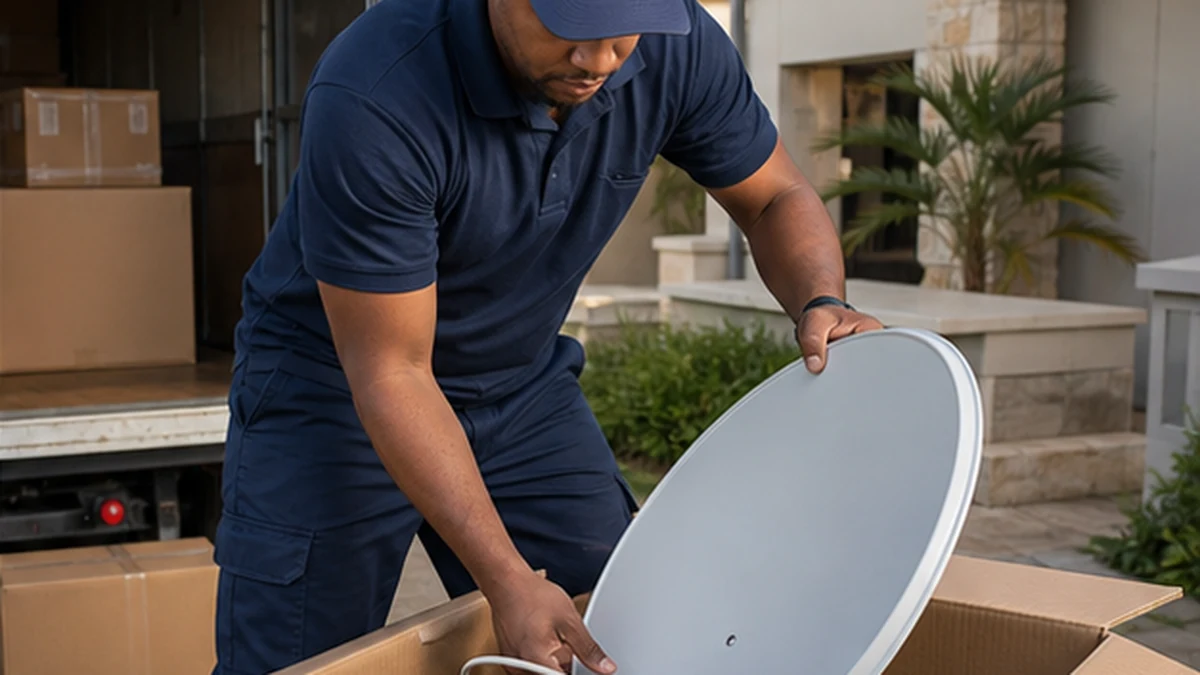 Technician relocating a satellite dish between Simon's Town homes