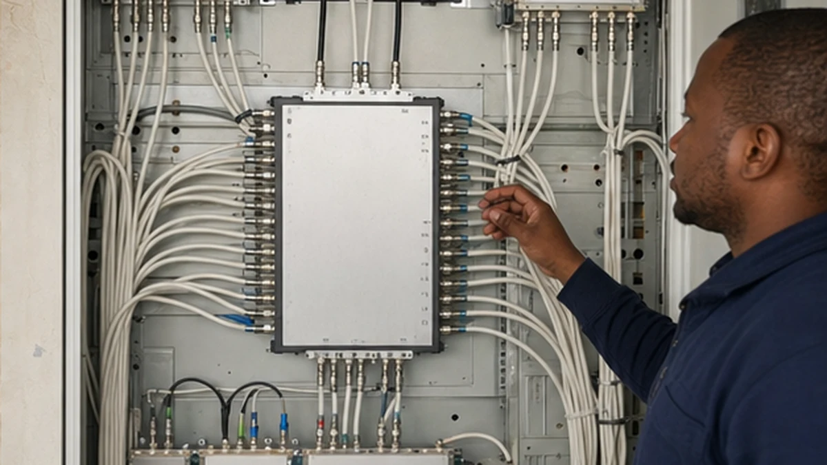 Technician comparing coax and fibre equipment for a communal DStv system in Simon's Town