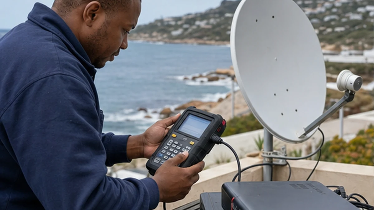 Television and decoder being checked for an E48-32 signal error in Simon's Town