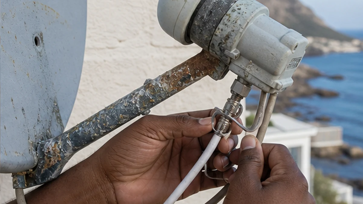 Salt-corroded LNB and rust-streaked bracket on a seafront wall in Simon's Town
