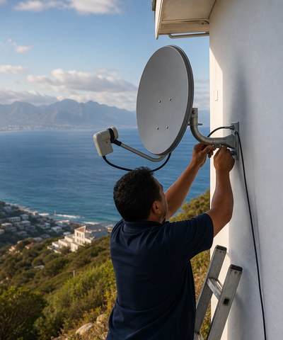Accredited technician aligning a satellite dish on a Simon's Town mountainside with False Bay behind