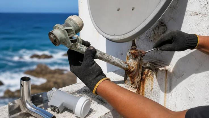 A quad LNB on a satellite dish with four dressed RG6 runs leaving the bracket