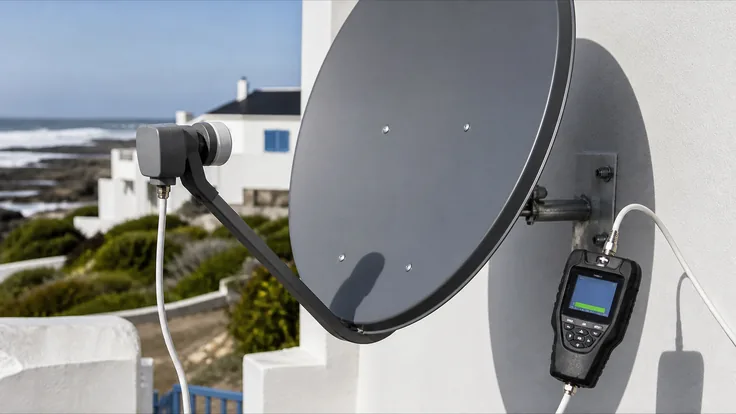 Technician re-tensioning a heavy bracket on an exposed gable with a signal meter clipped to the LNB