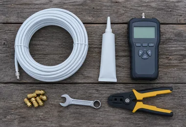 Installer kit laid out: RG6 cable reel, compression F-connectors, sealant and a signal meter