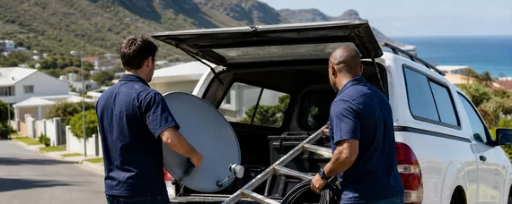 A technician testing a DStv decoder with a professional signal analyser